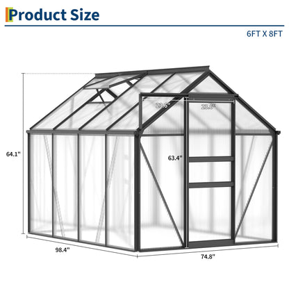 Garvee 6x8 Ft Polycarbonate Greenhouse - Free-Standing Greenhouse for Outdoors with Rust-Resistant Aluminum Frame, Gutter System & Roof Vent, Ideal for Seed Starting & All-Season Plant Protection