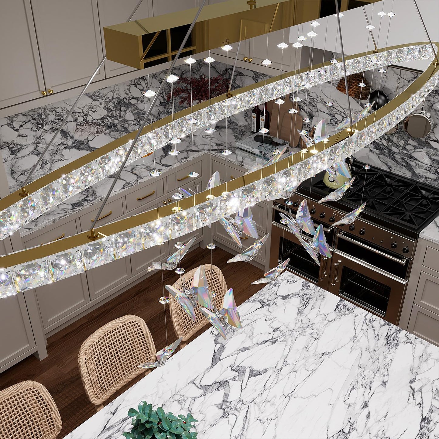 WOSOHYUN 40 Inch Gold Crystal Butterfly Chandelier, Adjustable Hanging Linear Chandeliers, Oval Rings Chandelier for Dining Room, Living Room, Foyer