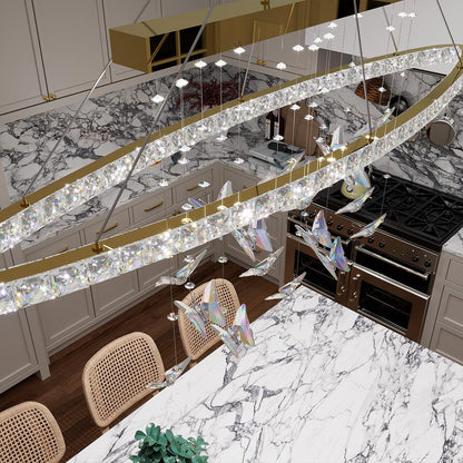 WOSOHYUN 40 Inch Gold Crystal Butterfly Chandelier, Adjustable Hanging Linear Chandeliers, Oval Rings Chandelier for Dining Room, Living Room, Foyer