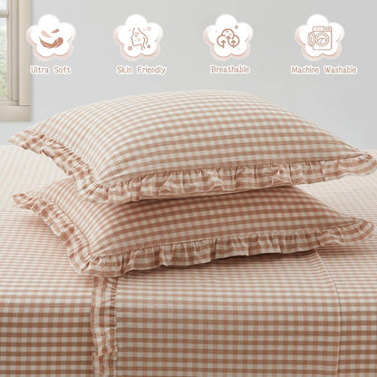 2 20x30 Inch, KKJIAF Pcs Plaid Ruffle Pillow Case Queen Size, Cotton Gingham Ruffled Euro Sham Pillow Covers Linen Feel