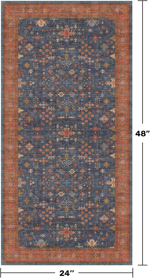 Hazo Haus Washable 2x4 Entry Rug - Non-Slip Rubber Backed Indoor Mat for Kitchen & Bathroom | Navy Blue Boho Décor
