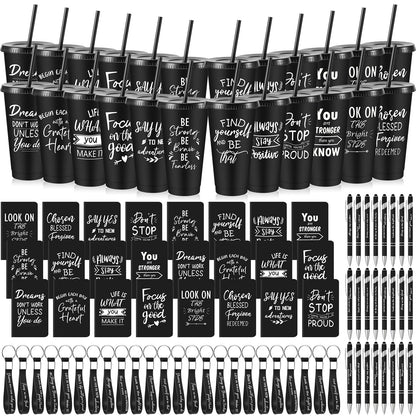 Hollowfly 24 Sets/96 Pcs Inspirational Gifts Bulk for Employee Recognition Appreciation, 24oz Plastic Cups Pens Notebooks Keychains Set, Gifts for Office School Teachers Staff Coworkers (Black)
