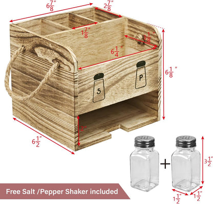 Ikee Design 2 Piece Wooden Utensil Caddy Set - Includes Free Salt Pepper Shaker, Oak Color Silverware Holder for Kitchen