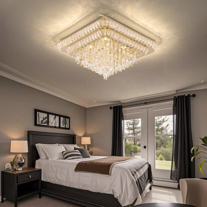 Miuyhji Elegant LED Crystal Raindrop Ceiling Light,24 Inch Square Gold Flush Mount Chandelier Light Fixture,Remote/APP, for Living Room Kitchen Dining Room Bedroom Hallway Entryway Foyer (Dimmable)