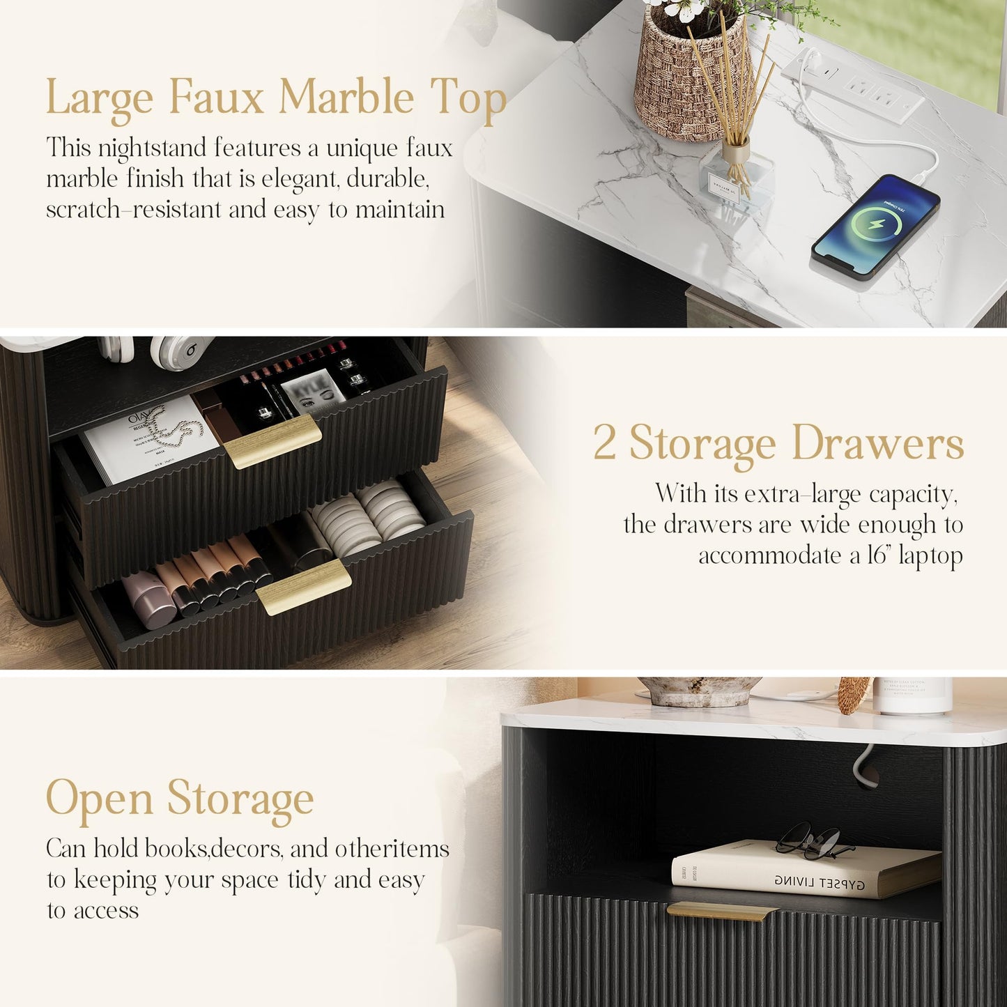 Fluted Nightstand with Charging Station, Bedside Table with Storage & Drawers, Faux Marble-Top, Modern Mid Century Bedside End Table with Drawer, Large Nightstand for Bedroom, Living Room, Black