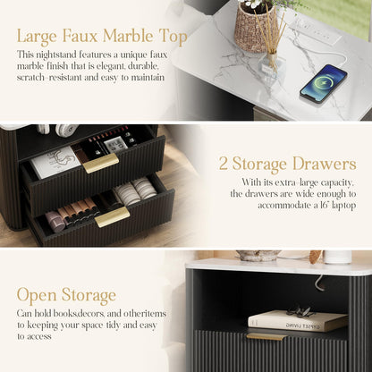 Fluted Nightstand with Charging Station, Bedside Table with Storage & Drawers, Faux Marble-Top, Modern Mid Century Bedside End Table with Drawer, Large Nightstand for Bedroom, Living Room, Black