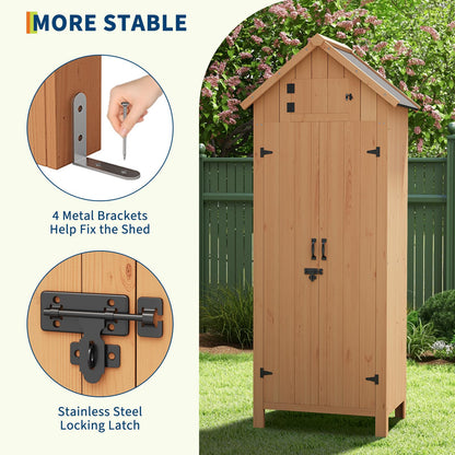 GarveeLife 70 in Outdoor Wooden Storage Shed Waterproof, Vertical Outdoor Storage Cabinet with 3 Shelves, Roof Storage & Lockable Door, Space-Saving Garden Tool Shed for Patio, Yard, Lawn