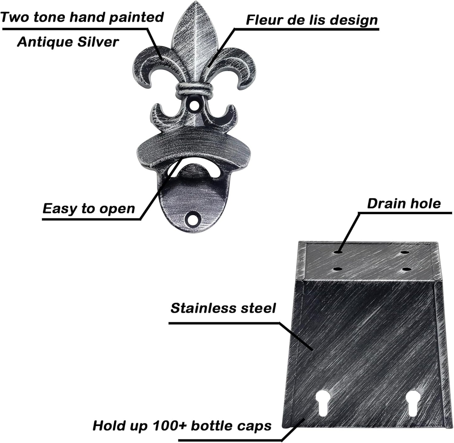 Fleur De Lis Beer Cap Opener - Wall Mounted Bottle Opener with Cap Catcher Drainage, Antique Silver