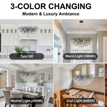 NIUZDU Chandeliers for Dining Room - 23.6" Modern Black Crystal Chandelier, Round Tree Branch Raindrop Chandelier, Foyer Chandeliers for Entryway, Living Room,Bedrooms,Bathroom(Bulb not Included)