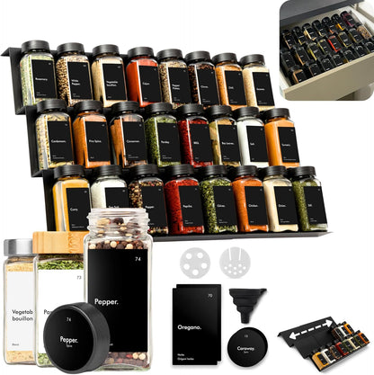 24 240 KIVY Spice Drawer Organizer with Spice Jars & Labels - Seasoning Rack for Organization - Kitchen Drawer Insert
