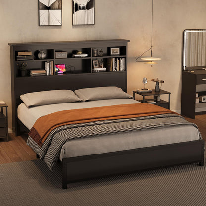 Garvee Queen Platform Bed Frame with Bookcase Headboard, Charging Station (USB & Type‑c), Tall Wooden Headboard, 9.6" Underbed Storage, No Box Spring Needed, Black