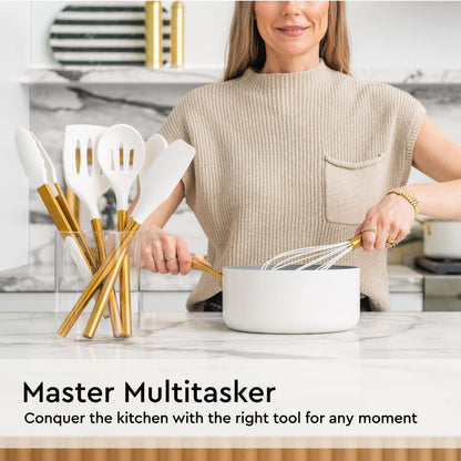 Gold Kitchen Utensils Set – 6 PC White Silicone and Gold Cooking Utensils with Spatula, Whisk, Tongs, Spoons, Cooking Tools for Nonstick Cookware – Luxury Kitchen Accessories for Home Chefs