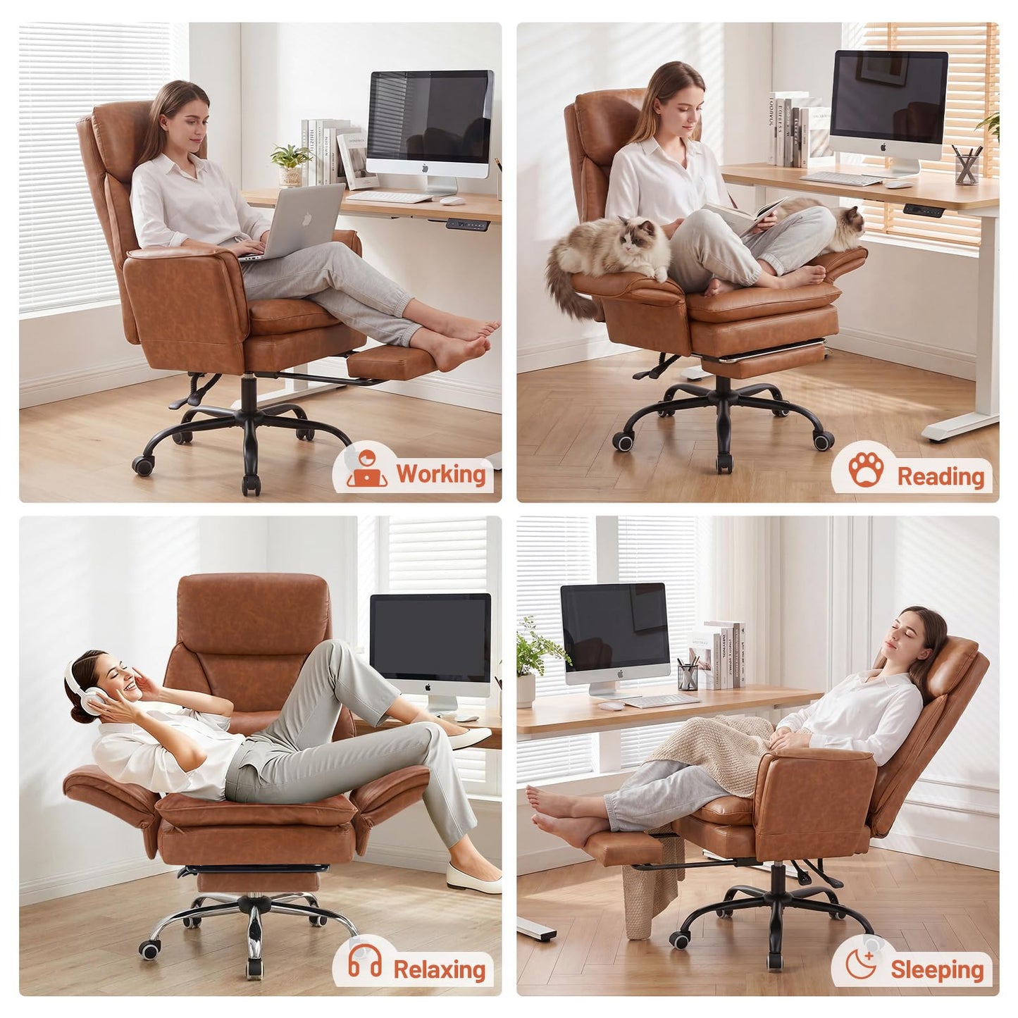 Furniliving Big and Tall Office Chair, Ergonomic Computer Desk Chair with Footrest, Wide Seat Reclining Gaming Chair, Flip Armrests for Cross Legged Sitting, Heavy Duty Support up to 400LBS, PU, Brown