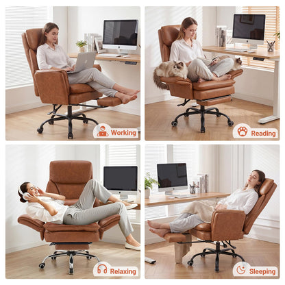 Furniliving Big and Tall Office Chair, Ergonomic Computer Desk Chair with Footrest, Wide Seat Reclining Gaming Chair, Flip Armrests for Cross Legged Sitting, Heavy Duty Support up to 400LBS, PU, Brown