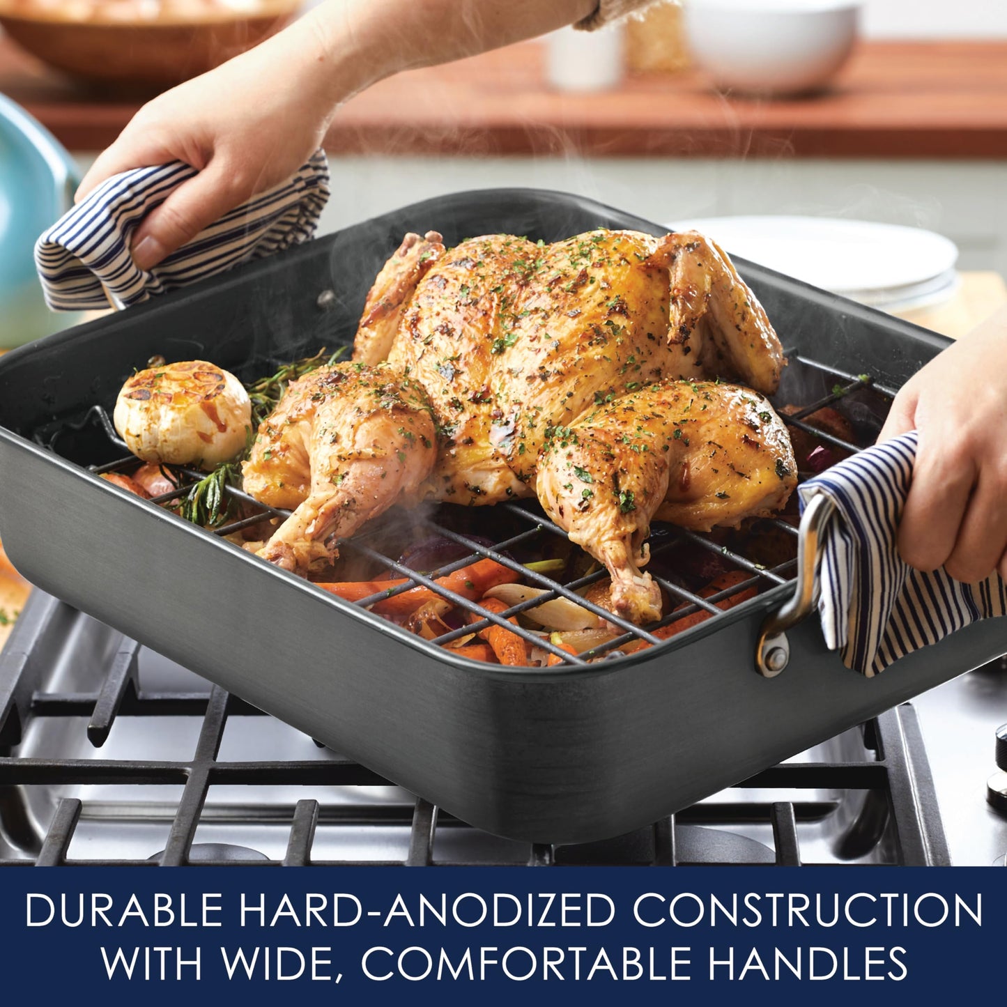 Rachael Ray Brights Hard Anodized Nonstick Roaster / Roasting Pan with Rack - 16 Inch x 12 Inch, Gray