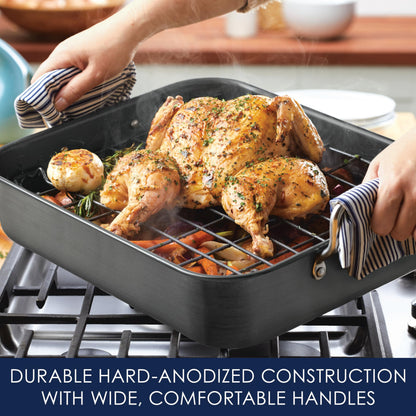 Rachael Ray Brights Hard Anodized Nonstick Roaster / Roasting Pan with Rack - 16 Inch x 12 Inch, Gray