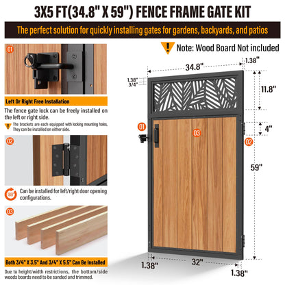 WOWACE 3x5FT Fence Gate Frame Kit 201 Stainless Steel Heavy Duty Garden Gates Anti-Sag Backyard Front Gate Reinforcement Hardware, Left/Right Mount (No Wood Planks Included)