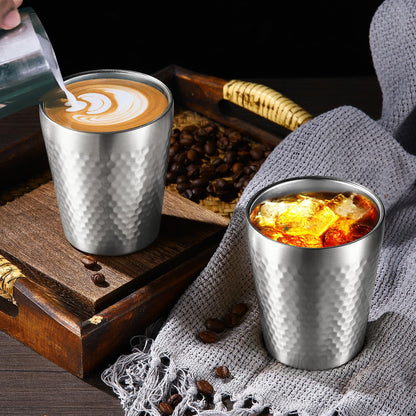 TIICOO Stainless Steel Cups 2 Packs 10oz/300ml Stackable Double Wall Insulated Metal Shatterproof Cups Titanium-Plated Diamond Textured Surface Heat Resistant Dishwasher Safe (Silver)