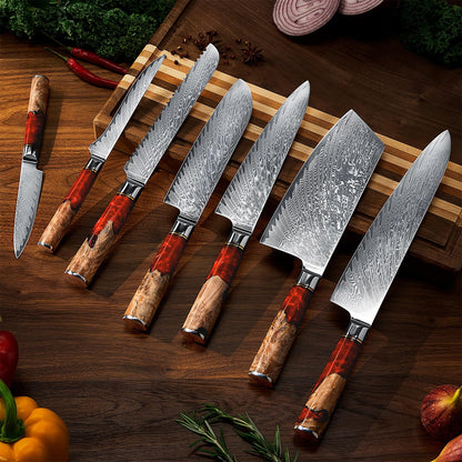 SENKEN 7-Piece Damascus Kitchen Knife Set - Tsunami Collection - 67-Layer Japanese VG10 Steel - Chef's Knife, Cleaver, Santoku, Bread, Boning, & More (Red Resin Blend)