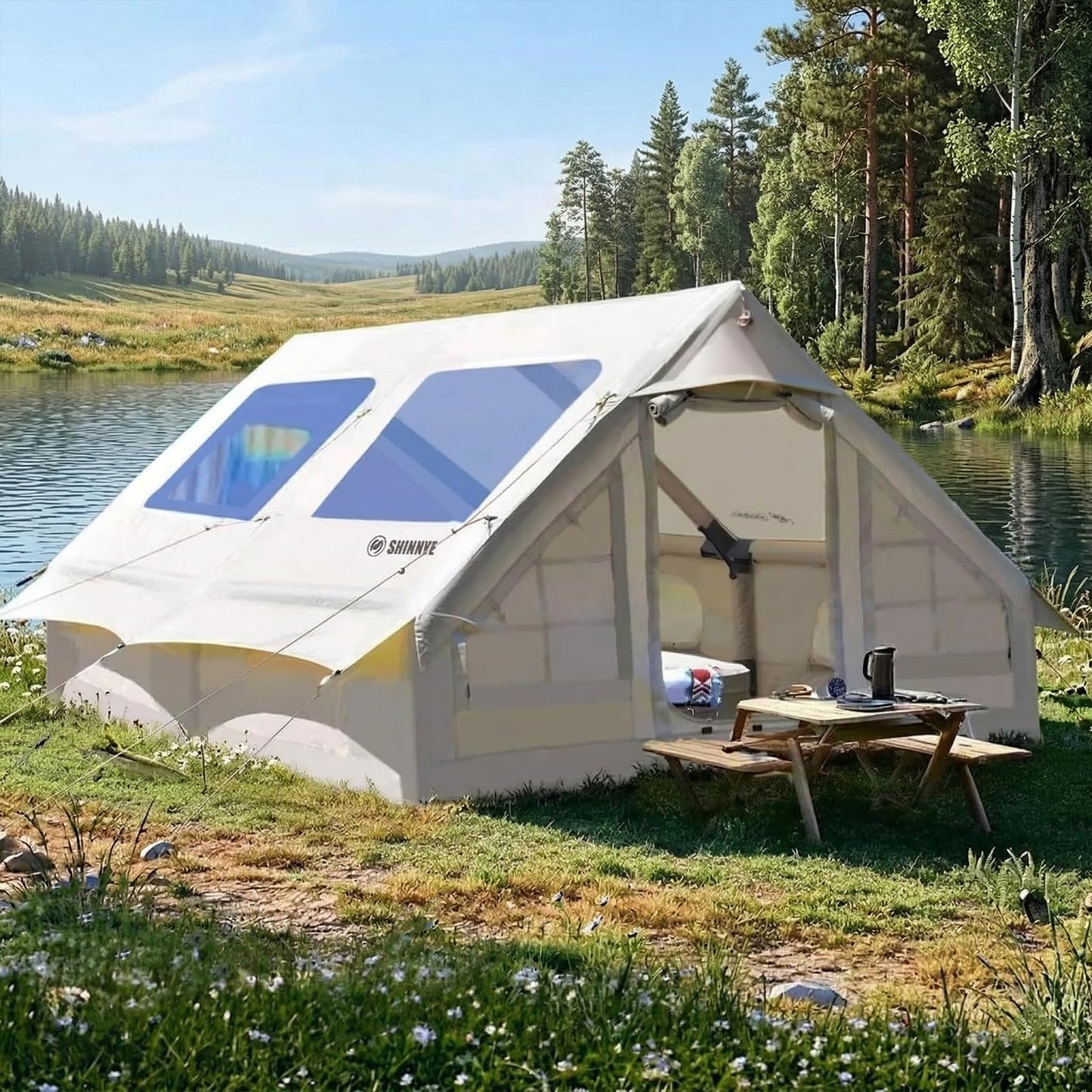 Inflatable Tent for Camping Large Blow Up Tent Glamping Tent 4-8 Person House, Easy Set up Waterproof Outdoor Oxford Tents, 4 Season Air Tents with Pump (130 sq ft Beige Air Tent)