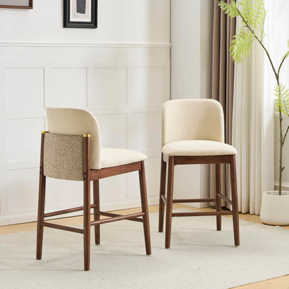 Christopher Knight Home Yumi Counter Height Bar Stools Set of 2, Fabric Upholstered Bar Stool for Kitchen Island, Armless Rubberwood Counter Stools with Solid Backrest + Footrest, Beige + Dark Walnut