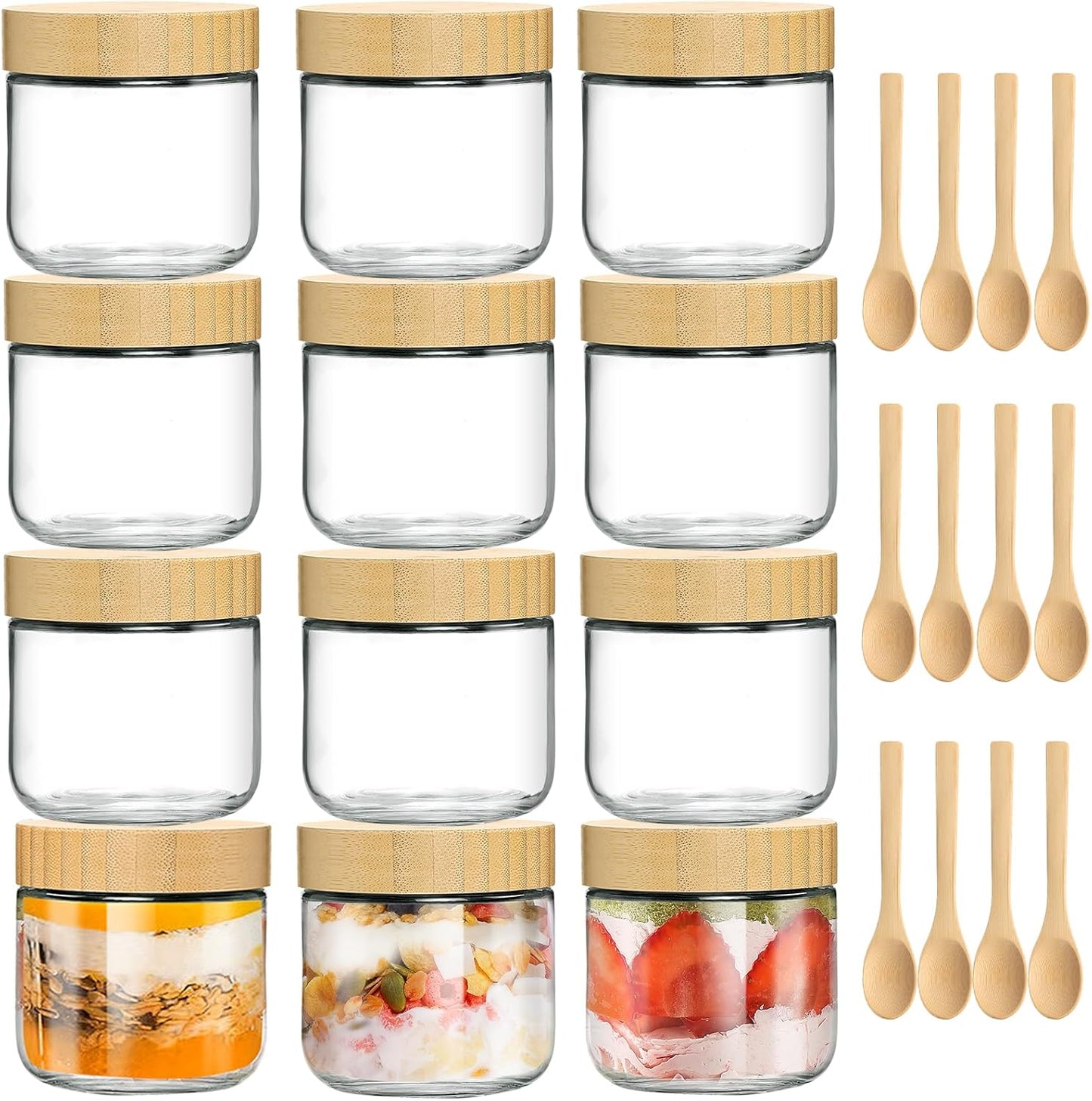 12 Pack 10oz TBWIND Glass Jars with Bamboo Lids, Spoons, Airtight Overnight Oats Containers, Salad & Yogurt Storage