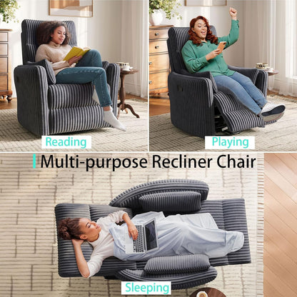 LINSY 360 Swivel Recliner Chair, Nursery Glider Rocking Chair with 2 Pillows, Corduroy Nursing Chair Comfy High Back Adult Rocker Recliner for Small Spaces, Nursery Bedroom Living Room (Gray)