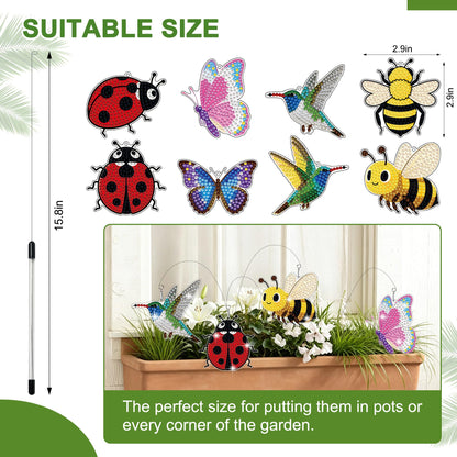 Morledoa 8 Pcs Spring Diamond Art Kits for Adults, Swaying Diamond Painting Stakes for Garden Decor with Butterfly, Hummingbird, Ladybug, Bee