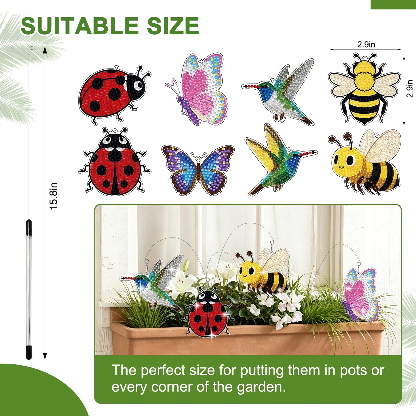 Morledoa 8 Pcs Spring Diamond Art Kits for Adults, Swaying Diamond Painting Stakes for Garden Decor with Butterfly, Hummingbird, Ladybug, Bee