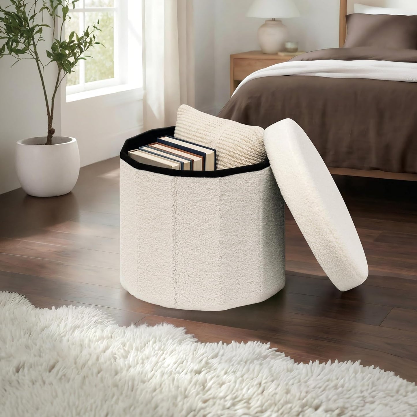 15-Inch Stylish Round Storage Ottoman - White