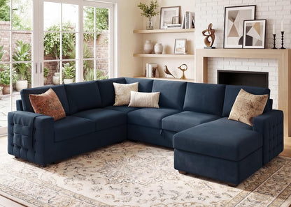 HONBAY Sectional Sleeper Sofa with Pull Out Bed U-Shape Sectional Couch Sleeper Bed with Storage Chaise Lounge Living Room 6 Seater Sectional Sofa,Velvet Dark Blue