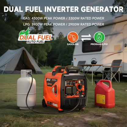 Dual Fuel Inverter Generator 4300W with Wheel Kit, Portable Generator 3-Way Remote/Electric/Recoil Start, Auto-Switch, Ultra-Quiet for RV Camping & Home Backup