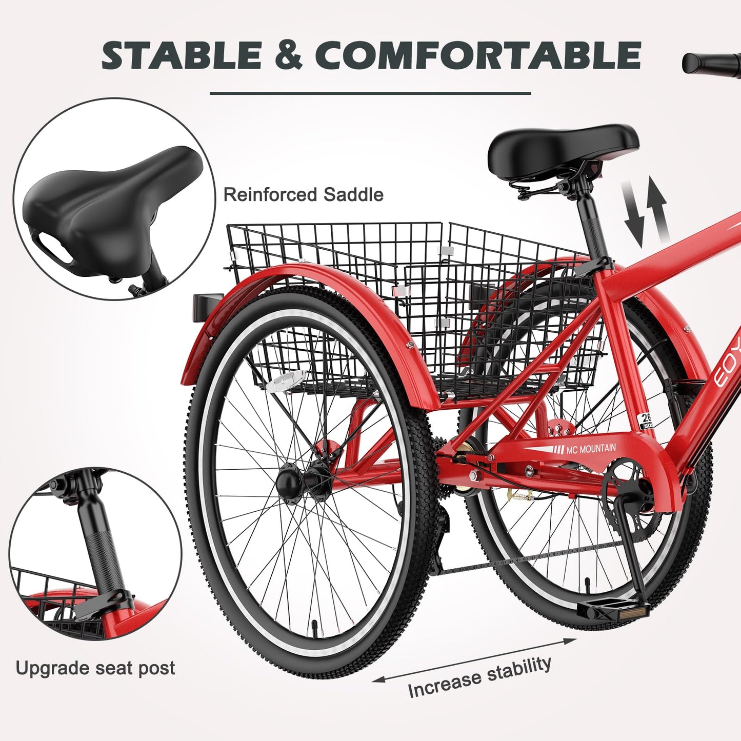 H&ZT Adult Tricycle, 3 Wheeled Bike, Trike Cruiser Bike, with 7-Speed Gear, Parking Brake Handle, Low Step, Large Rear Basket, Elderly Friendly, for Men, Women, and Teens