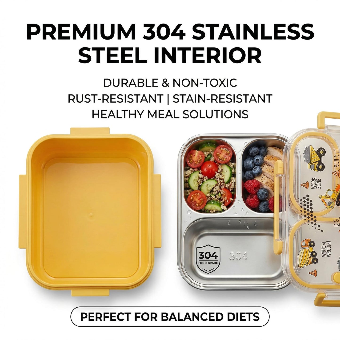 WORTHBUY Microwavable 304 Stainless Steel Bento Box With Utensils, Metal Lunch Container With 3 Compartments, Leak Proof Lunch Box, Portable Concealed Handle, BPA Free, Dishwasher Safe [Car]