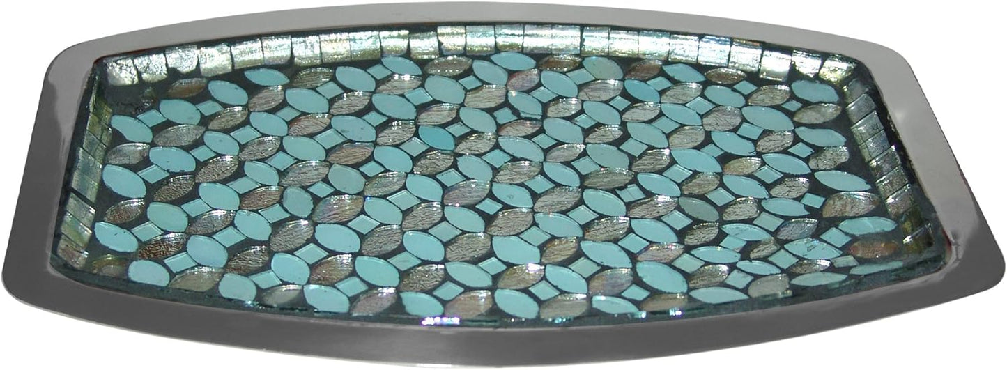 nu steel Sea Foam Amenity Tray, Aqua Blue/Silver Glass Mosaic, Stainless Steel for Bathrooms & Vanity Spaces
