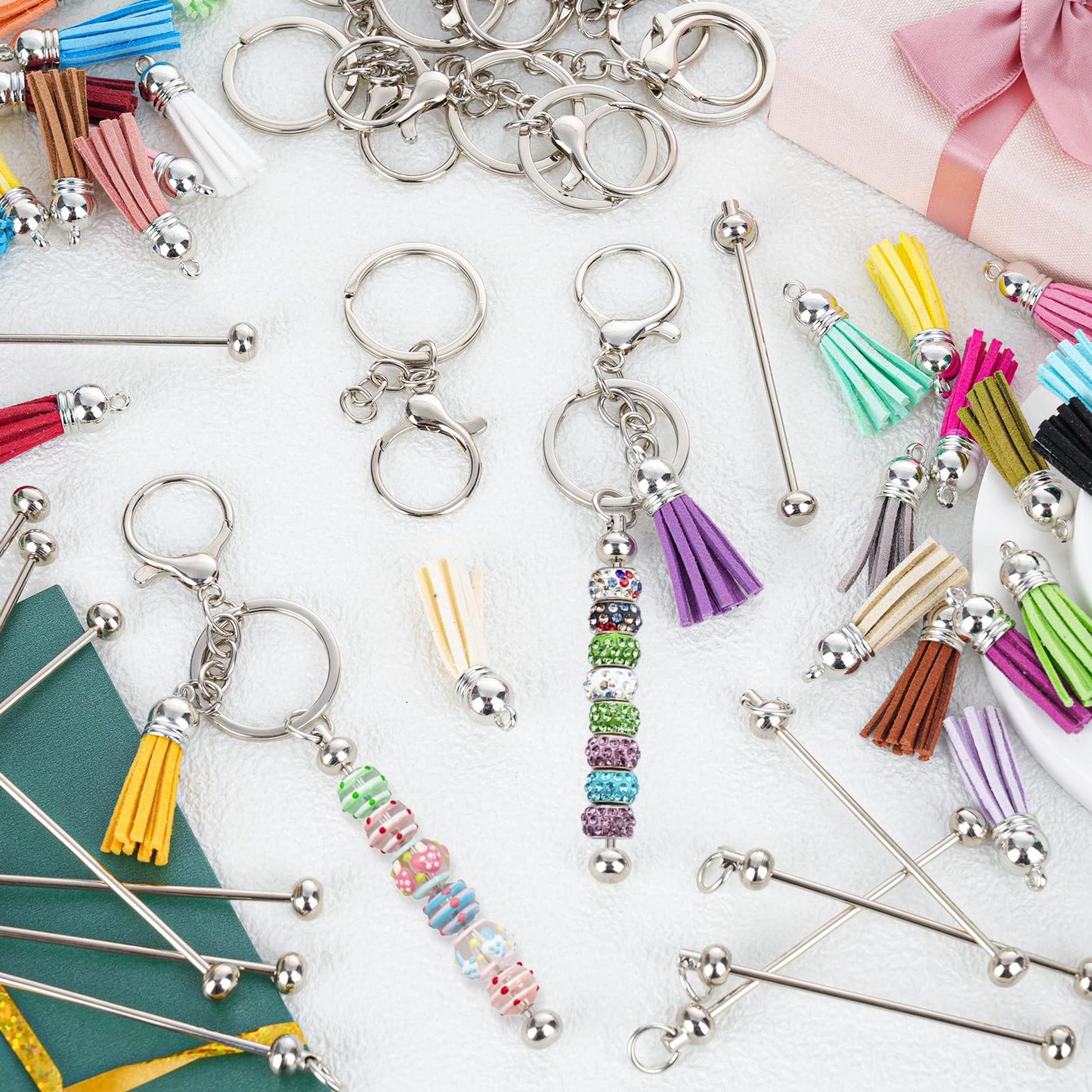 72 Pcs Beadable Keychains Bars, Included 36Pcs Beadable Keychains Bars Bulk Blank for Keychain Making and 36Pcs Colorful Leather Tassel, Keychain Making kit for DIY Crafts Women Men Gift (Rotundity)