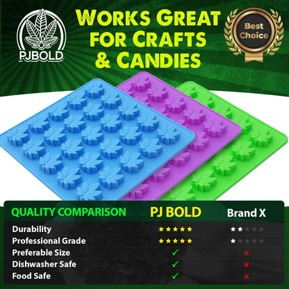 PJ BOLD Marijuana Leaf Gummy Molds Silicone Candy Mold Kit - 3 Pack