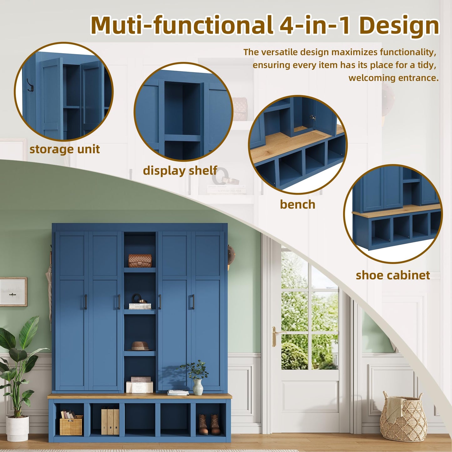 Virubi 4-in-1 62.9" Wide Hall Tree with Bench and Shoe Storage, Farmhouse Wood Entryway Bench with Coat Racks, Doors, 6 Hooks and Storage Shelves for Living Room (Blue)
