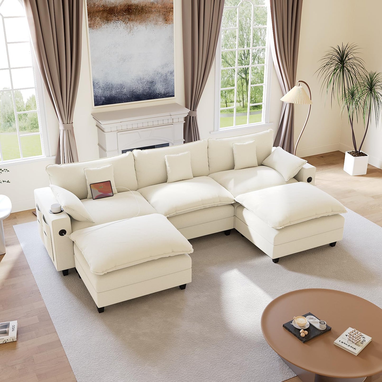 KCGKCG 116" Modular Sectional Sofa, U Shaped Cloud Couch with Movable Ottoman, Chenille Deep Seat Cloud Sofa with Charging Station, Cup Holder, Side Pocket, Sectional Couches for Living Room, Beige