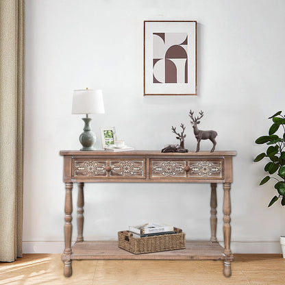 PARISLOFT Vintage Wood End Table with 2 Drawers and 1 Bottom Shelf,Rustic Console Table Storage, Accent Entryway Table Furniture,Antique Brown,42”Wx32”H