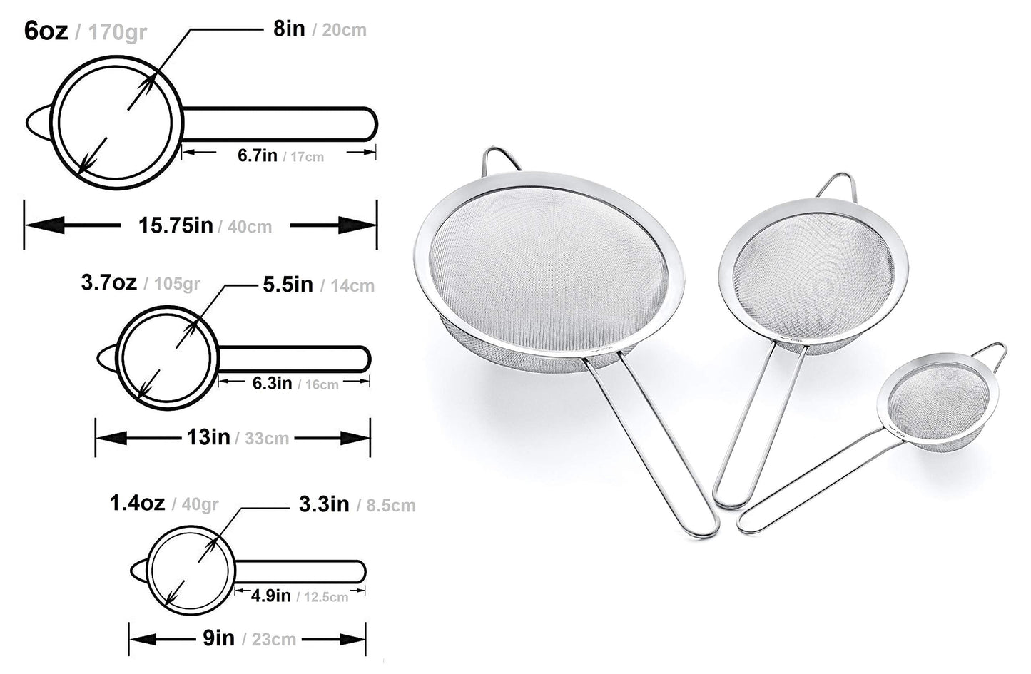 Proto Future Strainer Set Fine Mesh – Premium 304 Stainless Steel (18/8) – 8″, 5.5″ and 3.3″ Sturdy Kitchen Strainers (Silver)