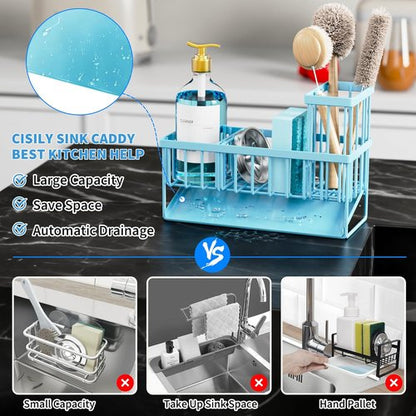 Cisily Kitchen Sink Caddy Organizer - Rustproof 304 Stainless Steel with Brush & Sponge Holder | Blue Home Decor