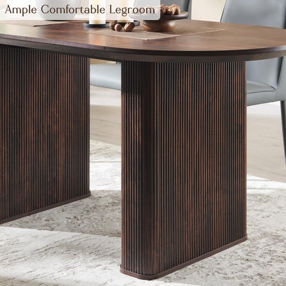T4TREAM 63" Fluted Oval Dining Table for 4-6, Mid-Century Modern Kitchen Table with Thickened Edge & Strip Pedestal Base, Wood Luxury Table for Dining Room/Kitchen/Home Office, Walnut (Table Only)