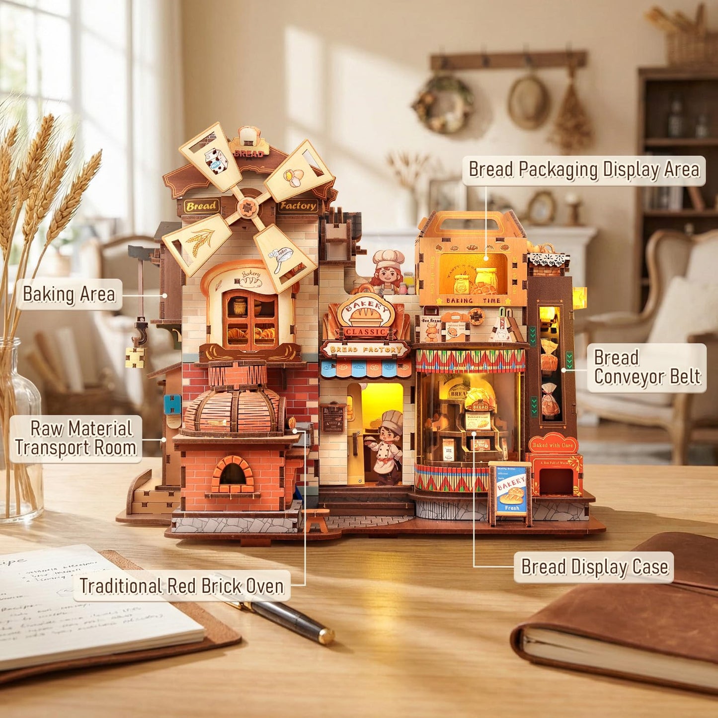 Fsolis 3D Wooden Puzzles for Adults - Mechanical Bread Factory Building with Music & Smoke Effect & Light Up Miniature Craft Kit with 7 Ambient Lighting, 572pcs, Gifts for Women Teens