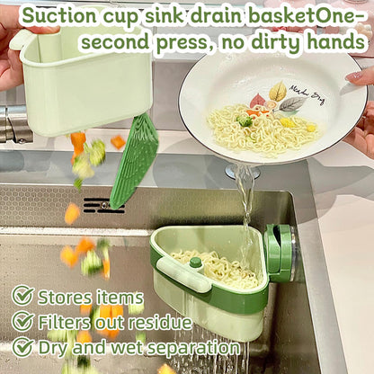 Suction Cup Sink Corner Rack 2026 Upgrade Corner Sink Strainer Basket Automatic Dumping Suction Cup Press Sinks Drainer Basket Faucet Sponge Storage Rack Food Waste Catcher for Sink (1PC - Green)