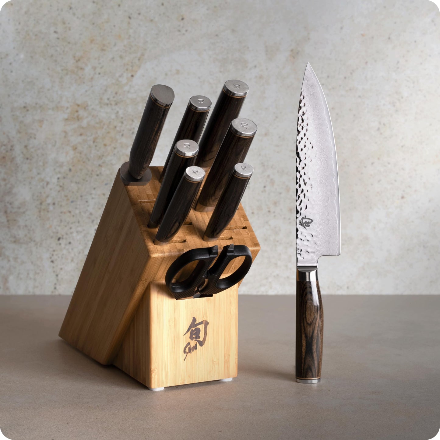 Shun Premier 10 Piece Block Set, Includes 8" Chef, 4" Paring, 5.5" Nakiri, 7” Santoku Knife, Honing Steel & More, Handcrafted Japanese Knife Set, Damascus Stainless Steel Cladding, Pakkawood Handles
