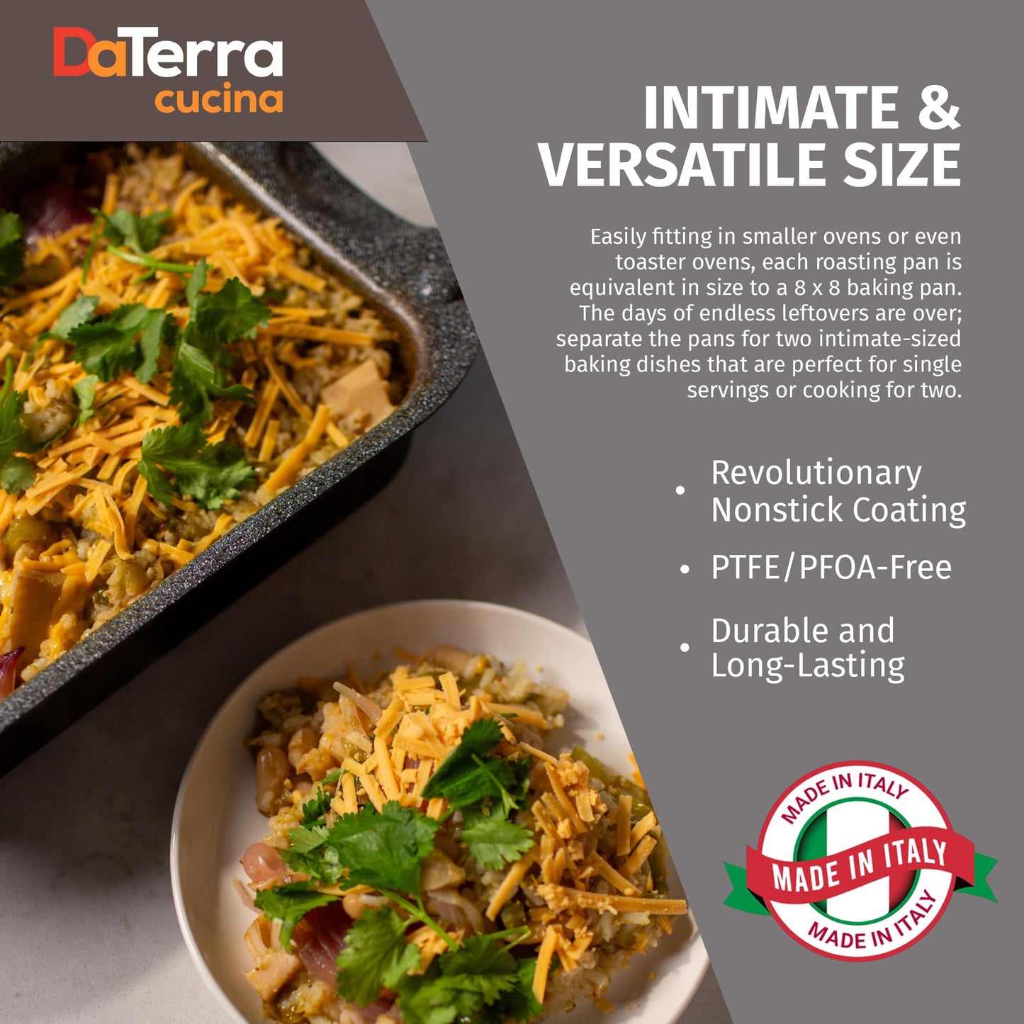 DaTerra Cucina - Nonstick Ceramic Coated Dual Roasting Pan Set – 2 Identical Pans, Oven Safe, Ideal for Roasting, Baking, Searing, Braising, Casseroles, Fits Most Toaster Ovens - 13 x 8 x 4.25