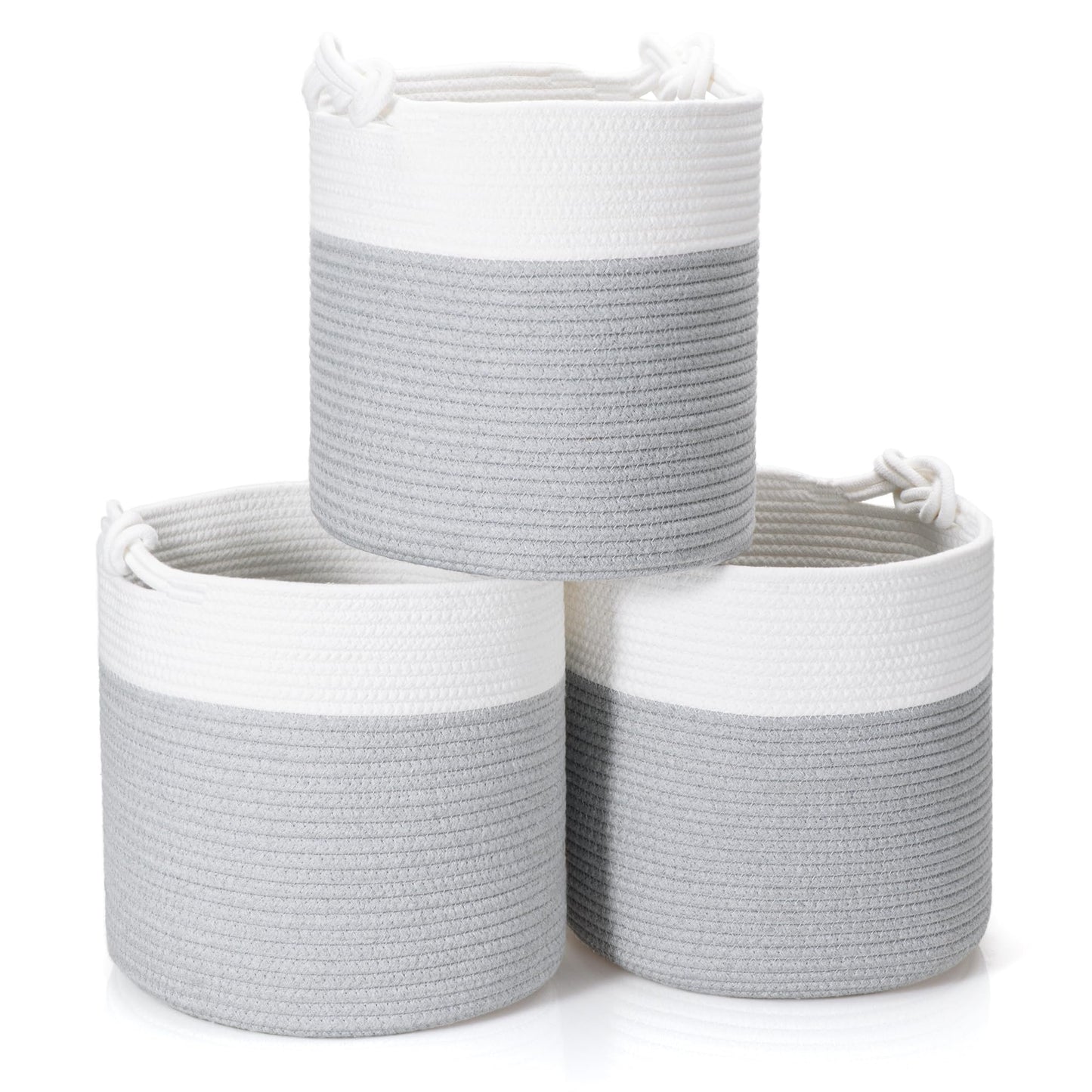 CLHMILY&Z 3 Pack Round Woven Cotton Storage Bins 11x11x11 Inch Collapsible Organizer Baskets for Cube Shelves Kids Room Closet and Home Decor Soft Durable Washable, grey