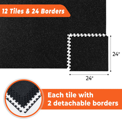 SUPERJARE 0.4'' Thick 36 Pcs 144 Sq Ft Rubber Top Exercise Equipment Mats, High Density EVA Foam Mats with Rubber Top, Interlocking Gym Flooring for Home Gym, Protective Workout Mat, Black/Grey