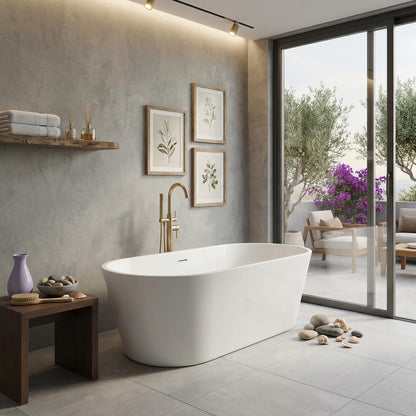 59 Inch Freestanding Bathtub, Acrylic Free Standing Bath Tub with Integrated Overflow & Drain, Modern Oval Stand Alone Tub for Home Spa, White